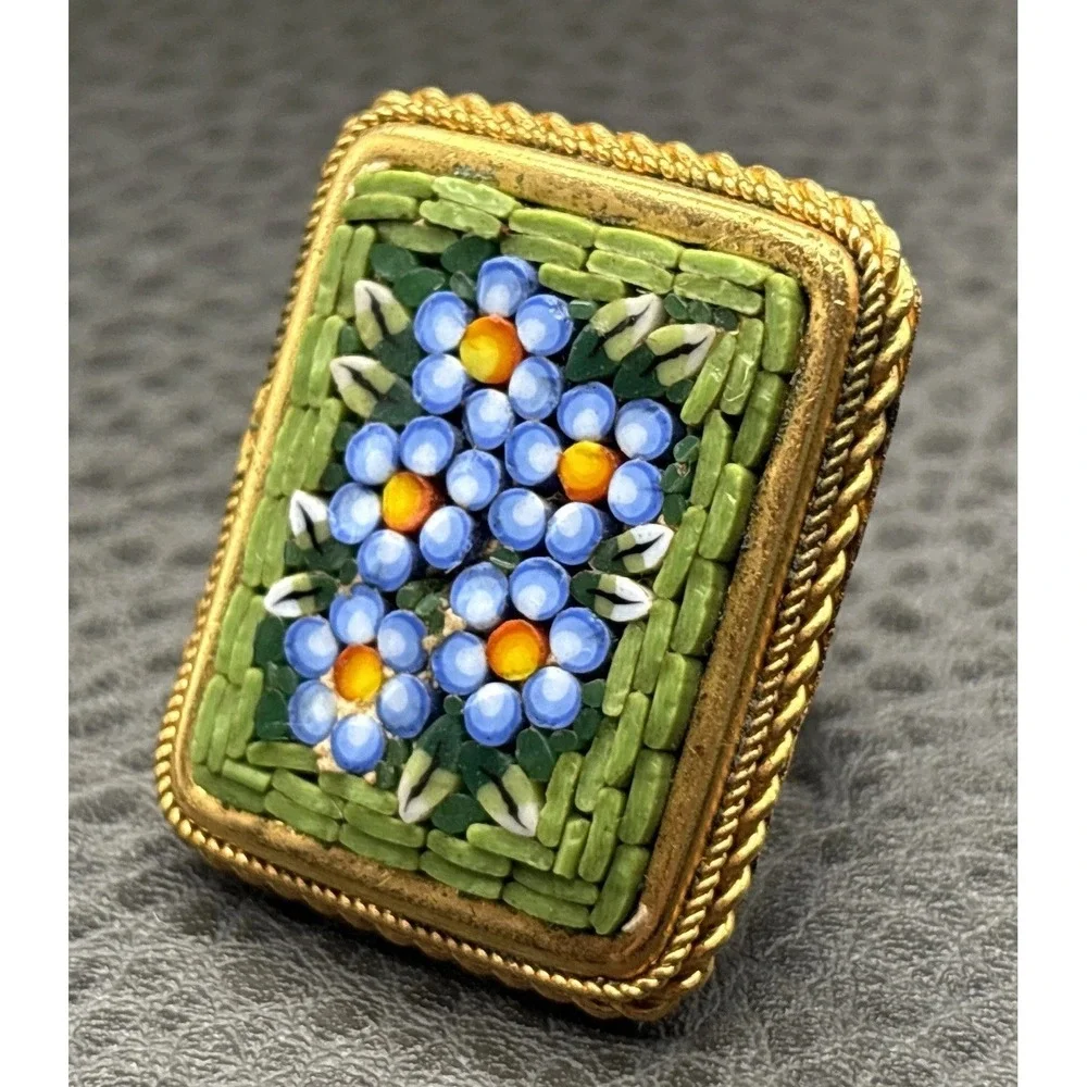VTG Italian Huge Micro Mosaic Forget-Me-Not Flower Statement Ring Gold Tone Sz 6